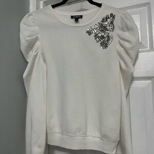 Express Cream Puff-Sleeve Sweatshirt with Silver Embellishment